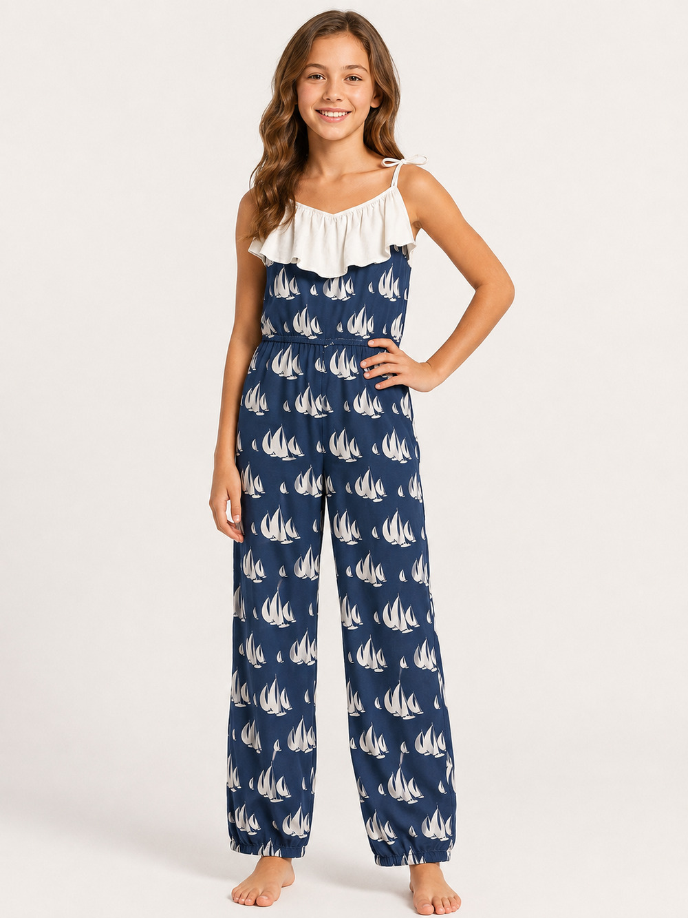Kickee Girls Bamboo Deep Sea Sailboat Race Ruffle Jumpsuit Pant Romper L 10-12